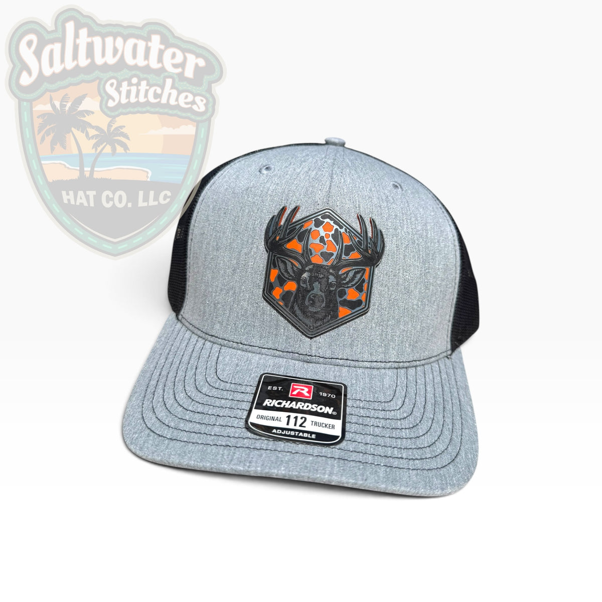 Deer Hunting Richardson 112 Trucker Hat Grey – Blaze Orange Camo Patch