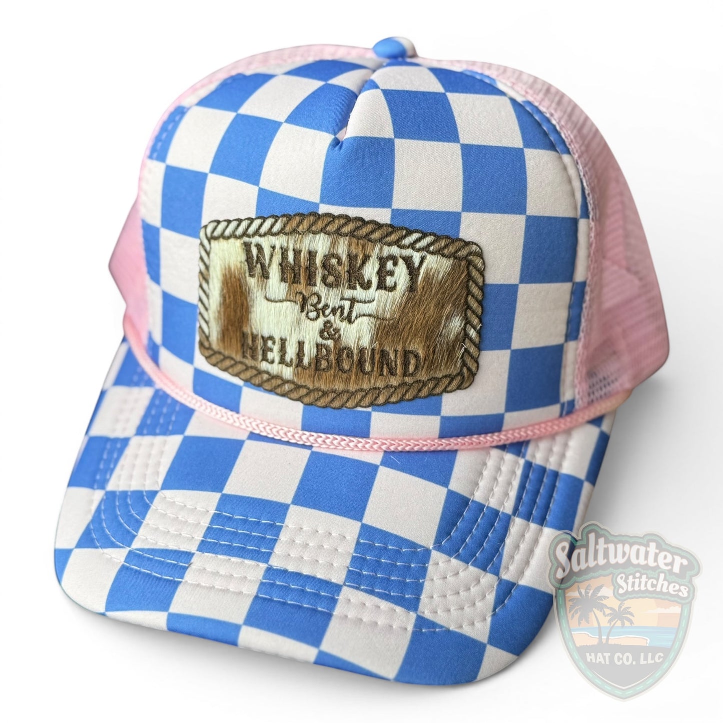 Whiskey Bent & Hell Bound Foam Trucker Hat – Purple & Pink Checkered Western Hat