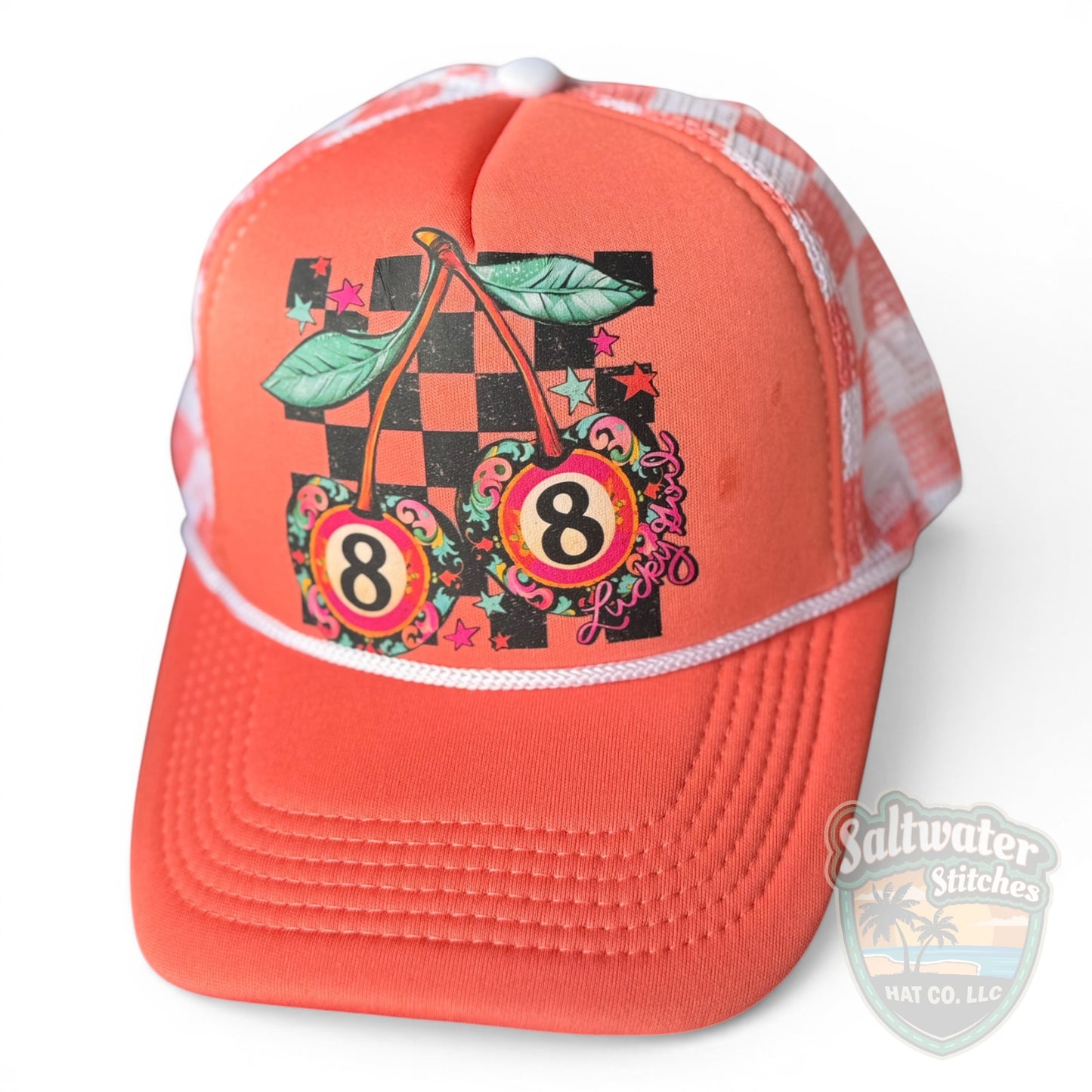 Lucky 8 Cherry Trucker Hat – Coral Retro Foam Hat