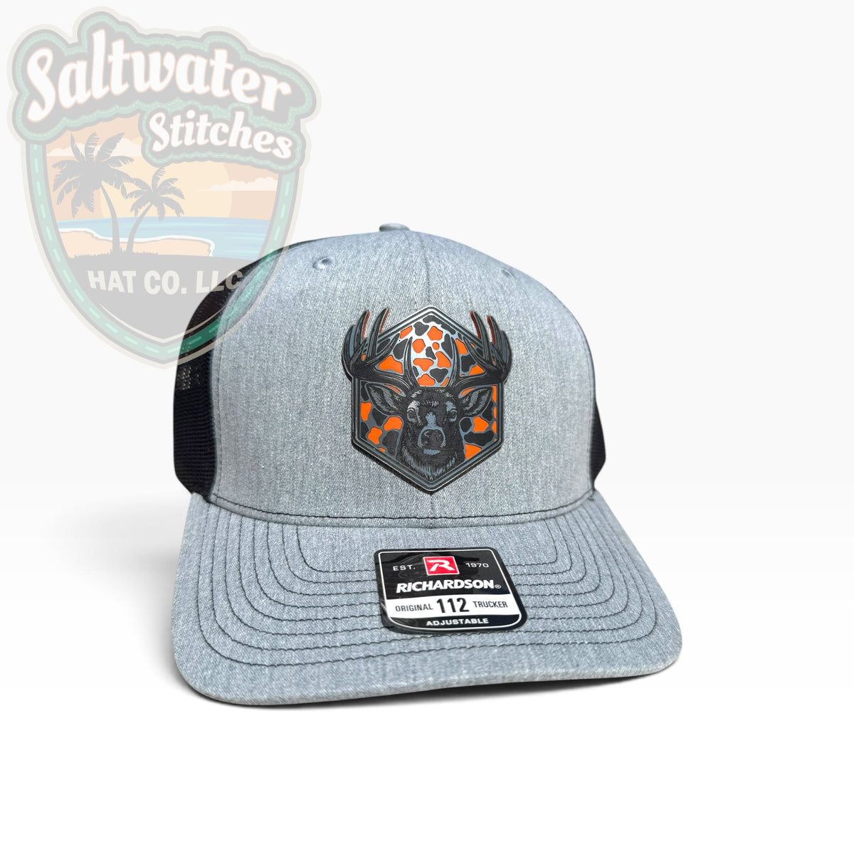 Deer Hunting Richardson 112 Trucker Hat Grey – Blaze Orange Camo Patch