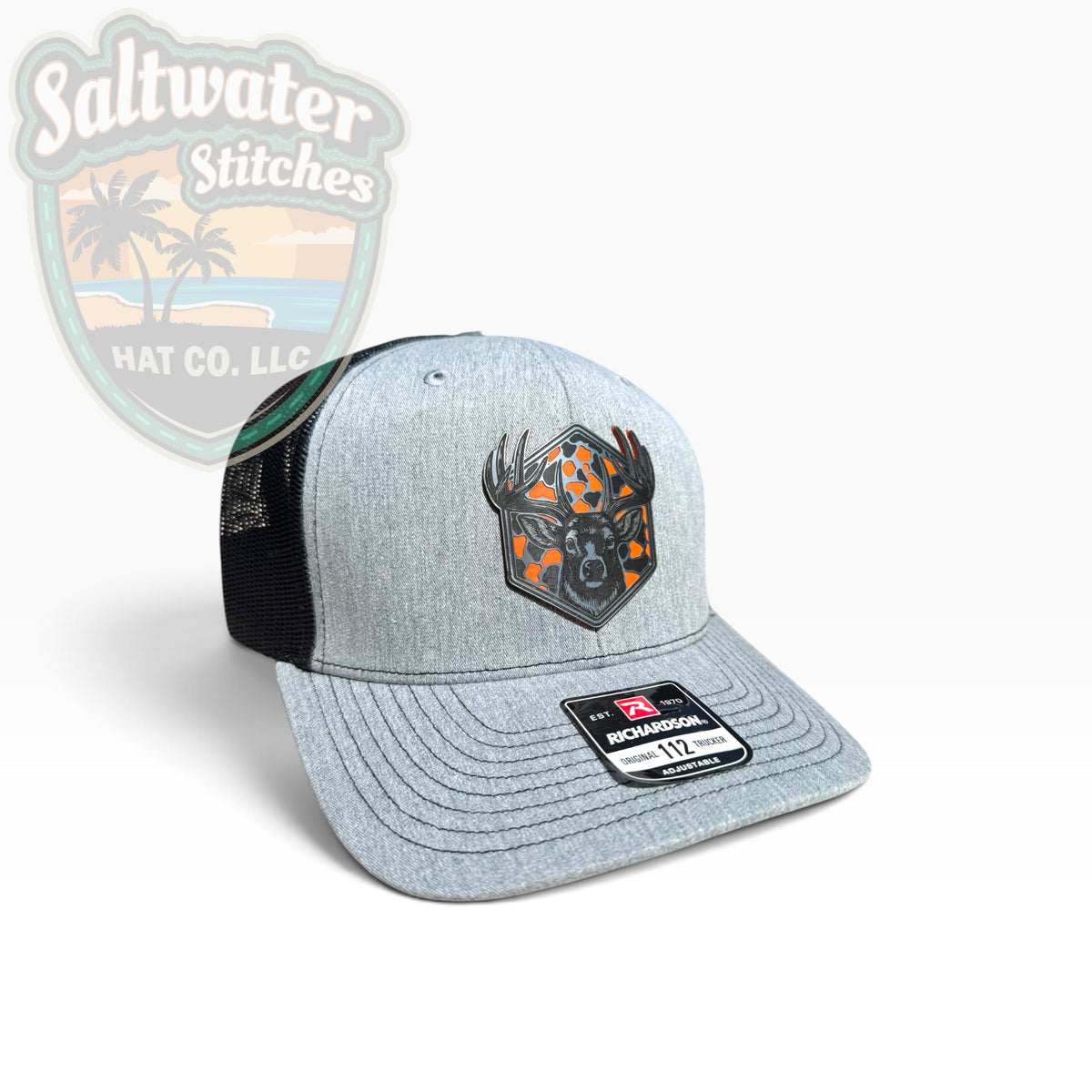 Deer Hunting Richardson 112 Trucker Hat Grey – Blaze Orange Camo Patch