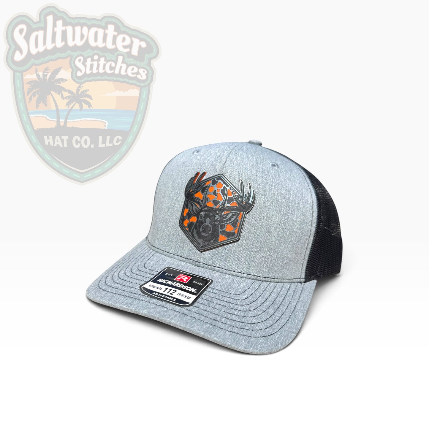 Deer Hunting Richardson 112 Trucker Hat Grey – Blaze Orange Camo Patch