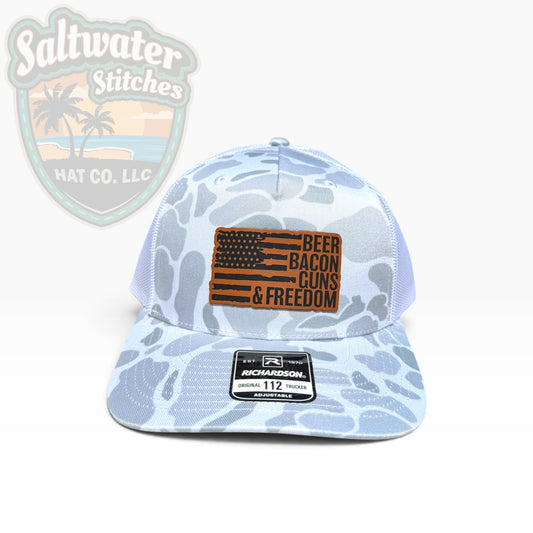 Beer Bacon Guns & Freedom Camo Richardson 112 Trucker Hat