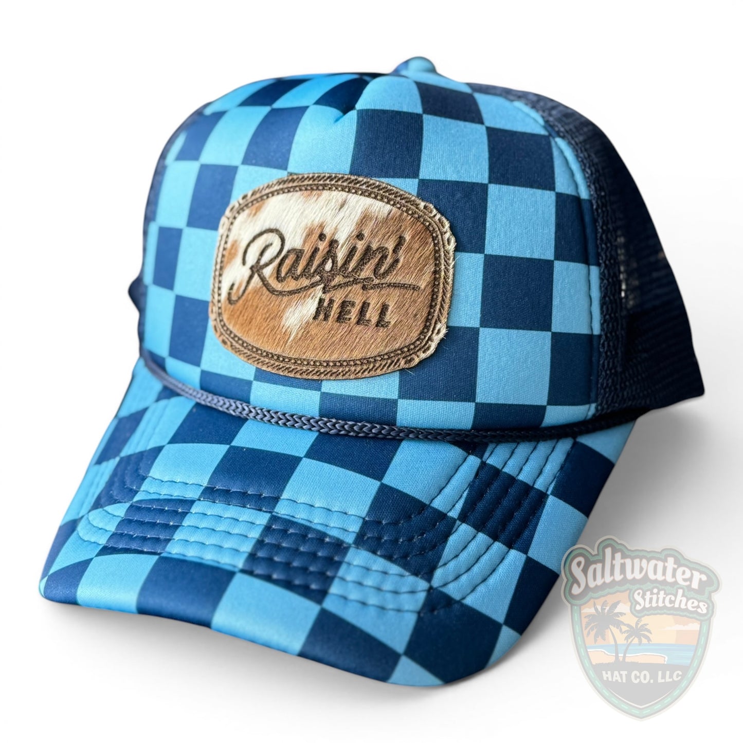 Raisin’ Hell Foam Trucker Hat – Blue Checkered Western Hat