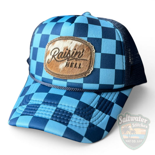 Raisin’ Hell Foam Trucker Hat – Blue Checkered Western Hat