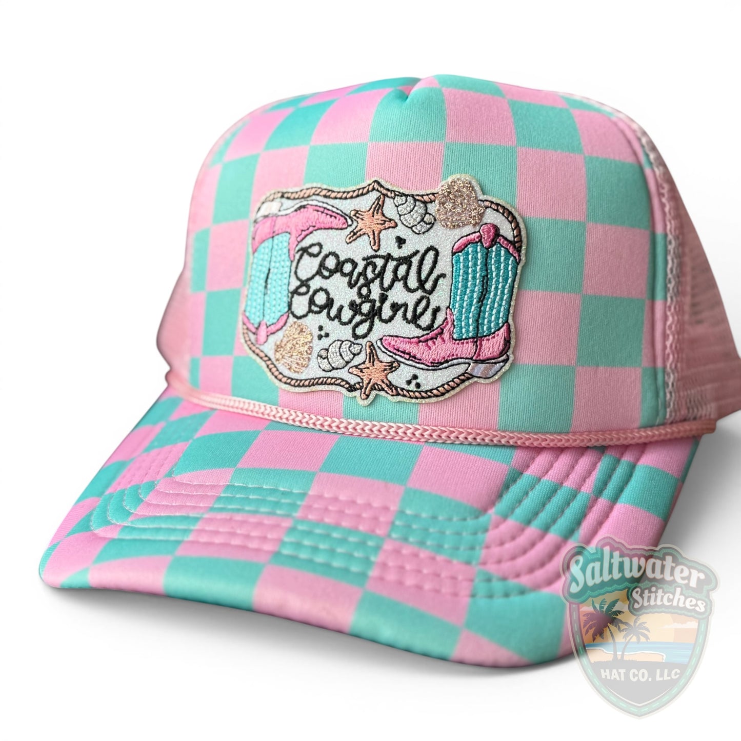 Coastal Cowgirl Foam Trucker Hat – Pink & Mint Checkered Western Hat