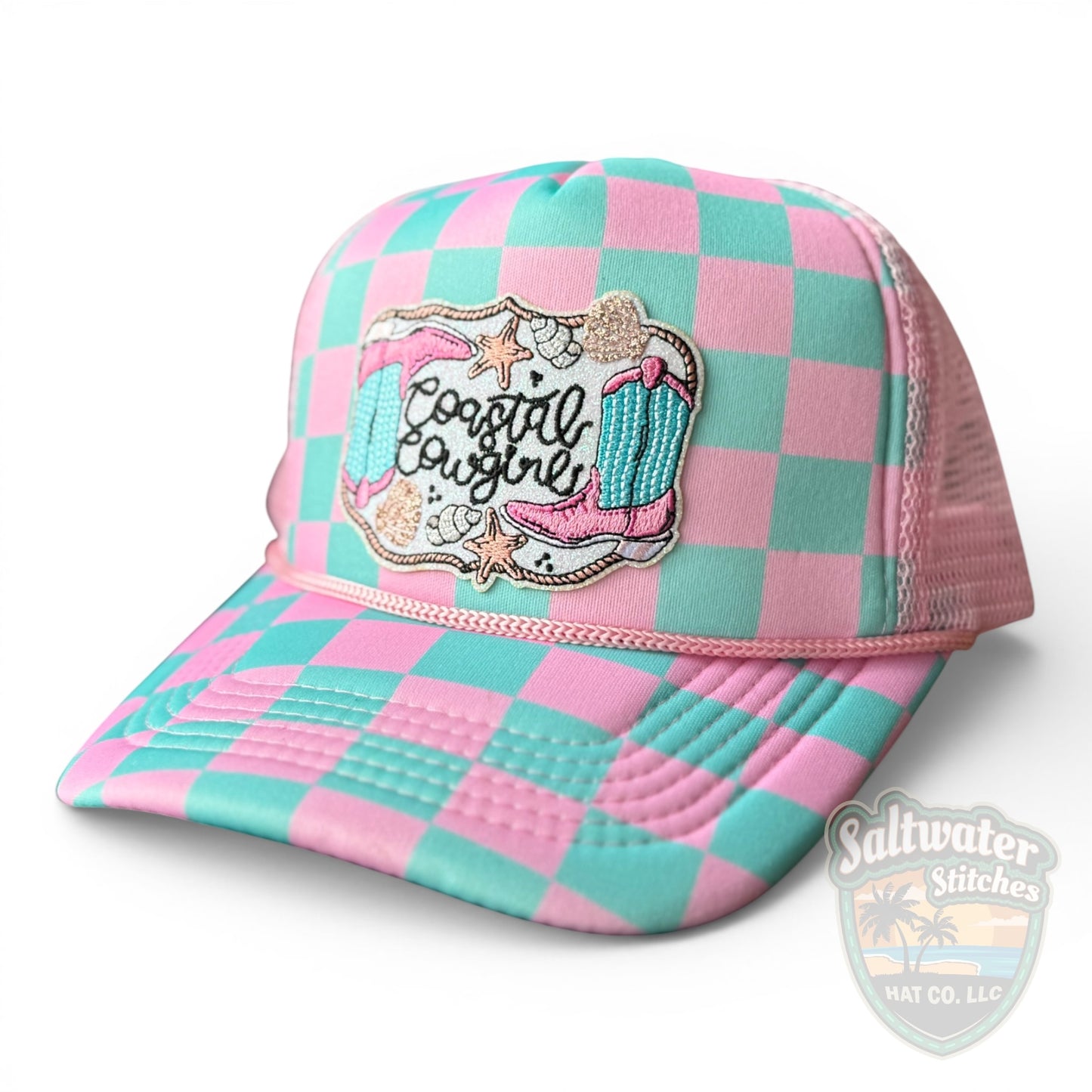 Coastal Cowgirl Foam Trucker Hat – Pink & Mint Checkered Western Hat
