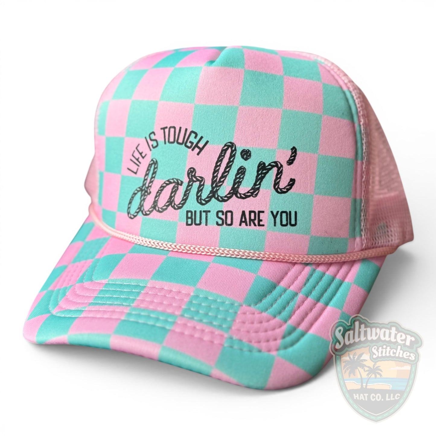 Darlin’ Foam Trucker Hat – Pink & Mint Checkered Western Hat