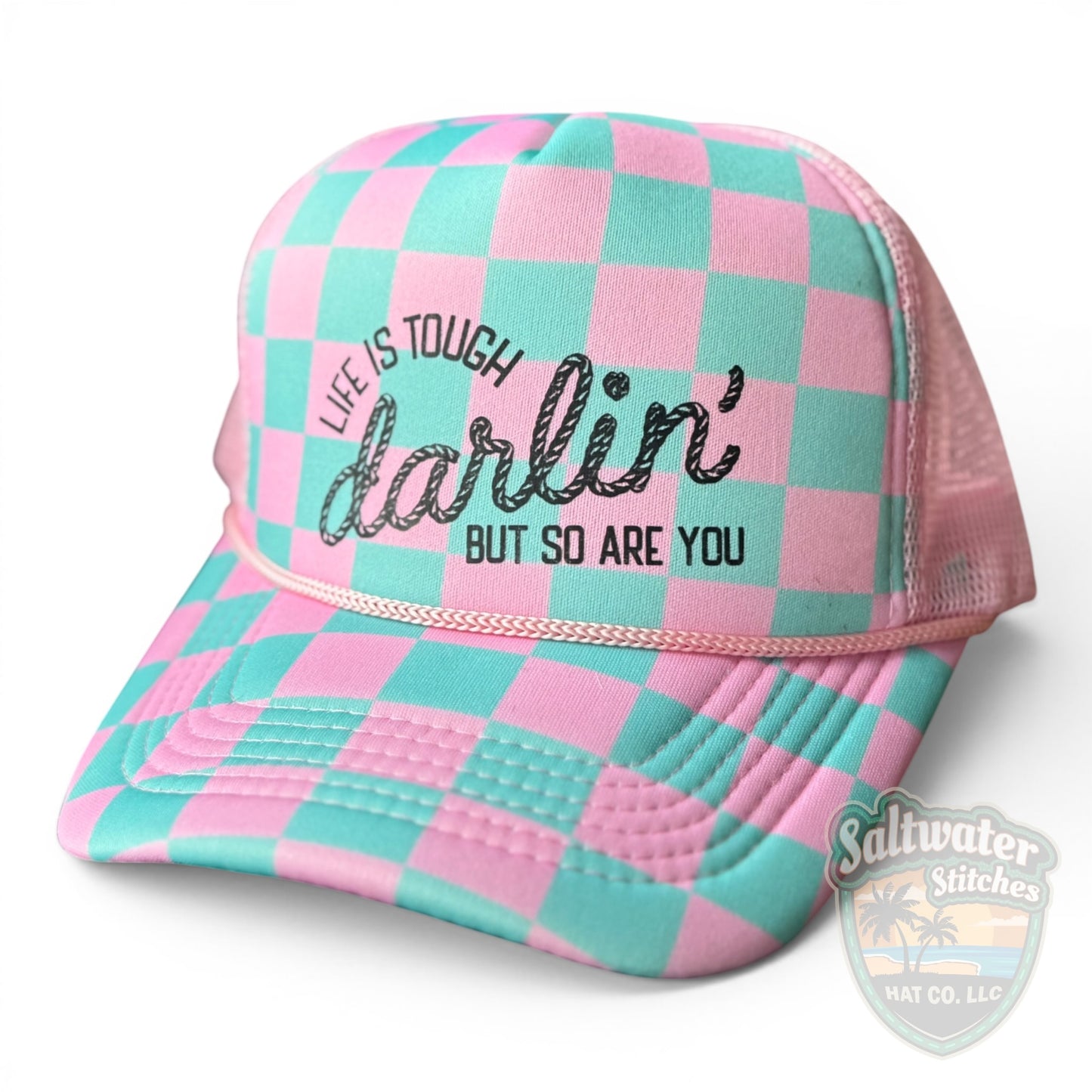 Darlin’ Foam Trucker Hat – Pink & Mint Checkered Western Hat