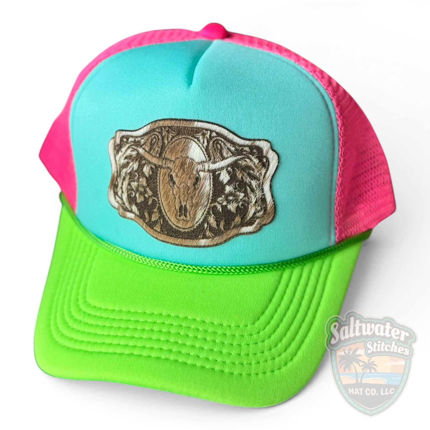 Neon Rodeo Skull Foam Trucker Hat – Turquoise, Hot Pink & Lime Western Hat