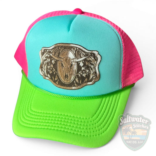 Neon Rodeo Skull Foam Trucker Hat – Turquoise, Hot Pink & Lime Western Hat