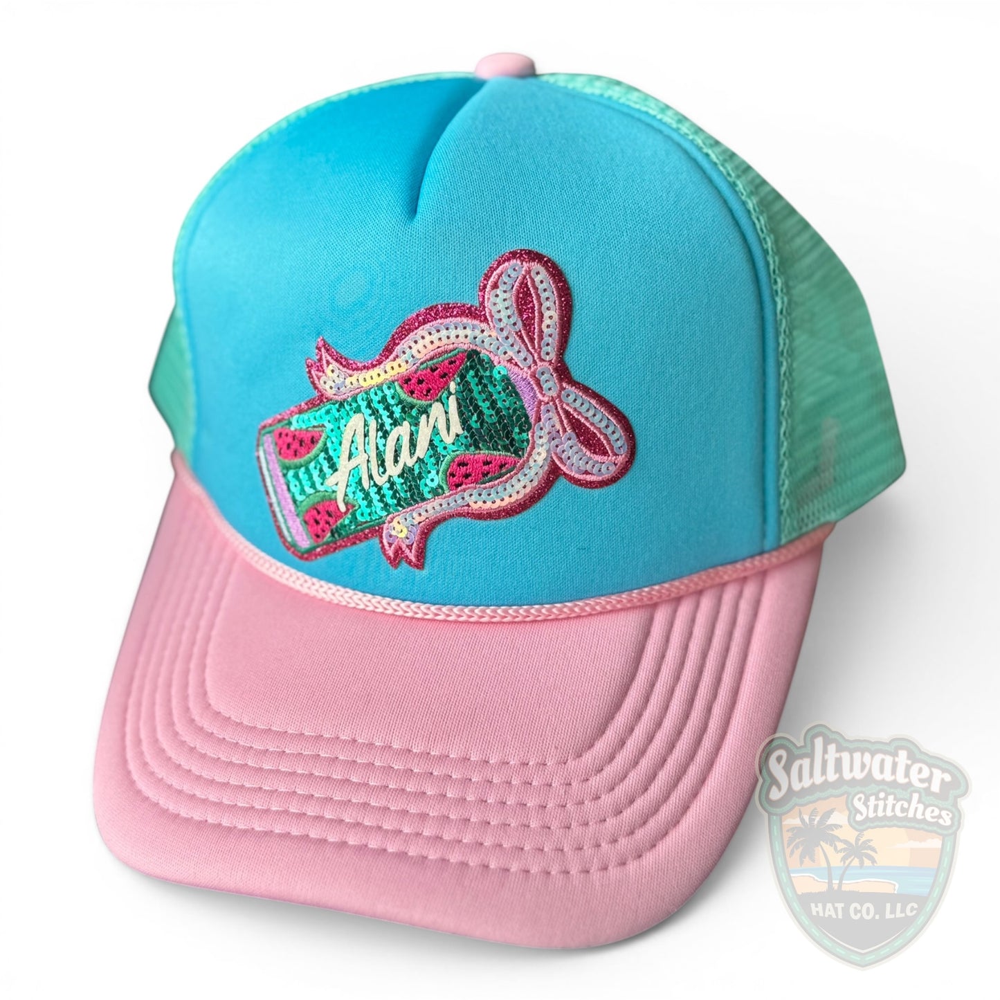 Alani Sequin Foam Trucker Hat – Turquoise & Pink Summer Hat