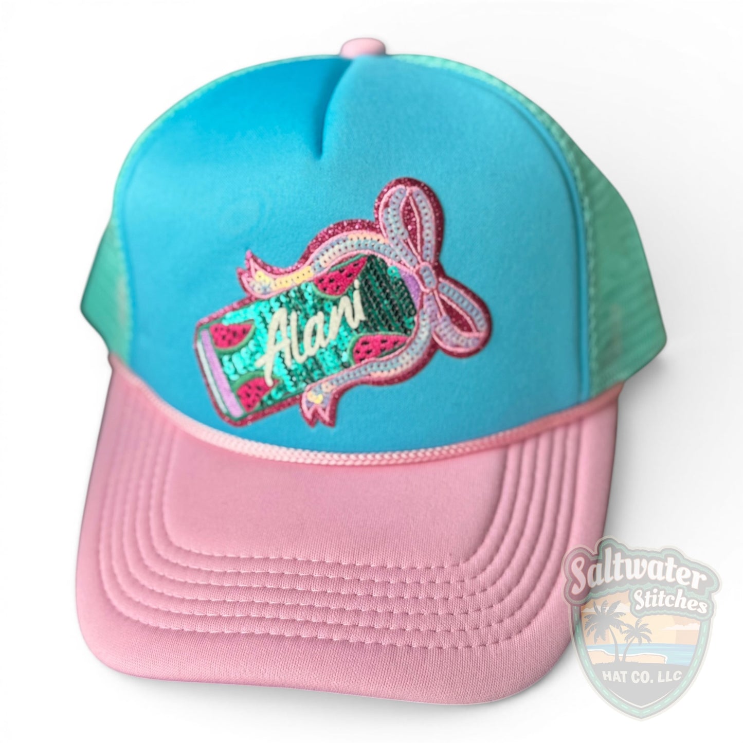 Alani Sequin Foam Trucker Hat – Turquoise & Pink Summer Hat