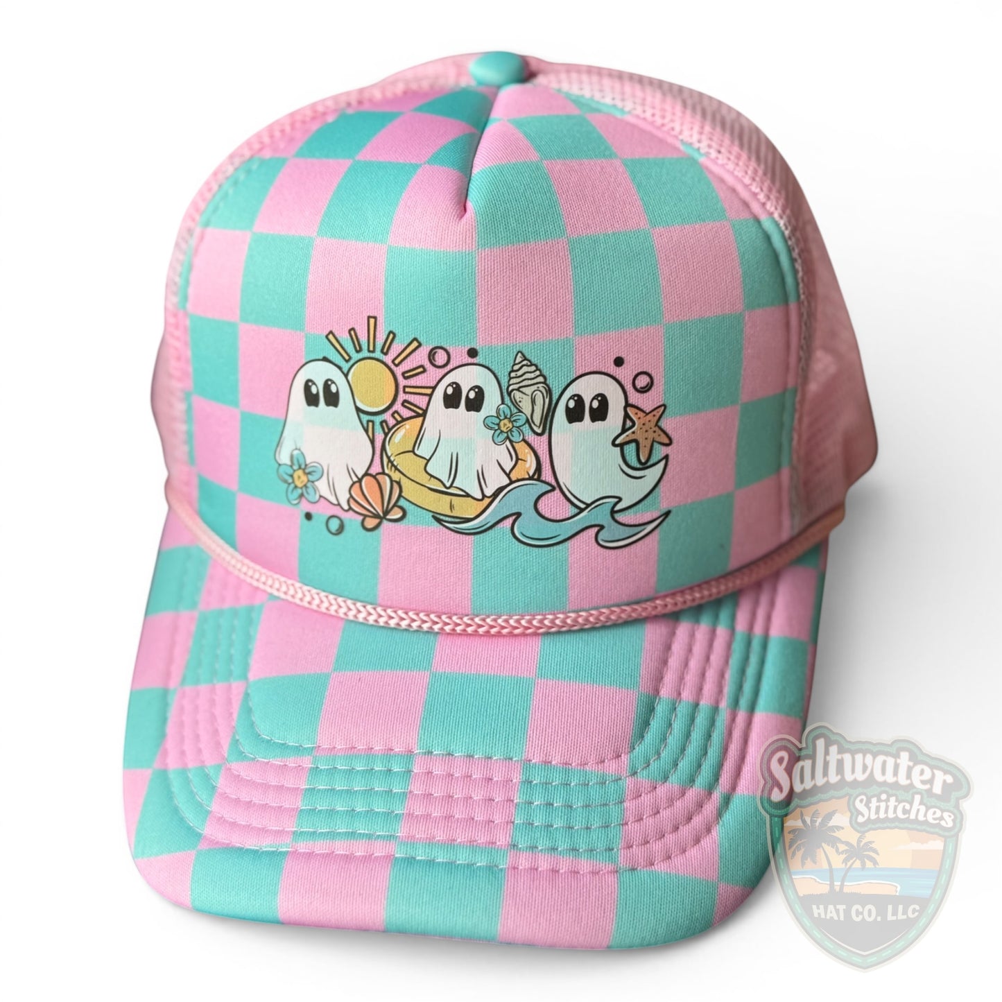 Pink & Teal Coastal Ghost Checkered Trucker Hat – Cute Beachy Halloween Hat