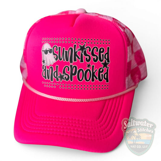 Sun Kissed & Spooked Neon Pink Halloween Trucker Hat – Spooky Cute Foam Hat