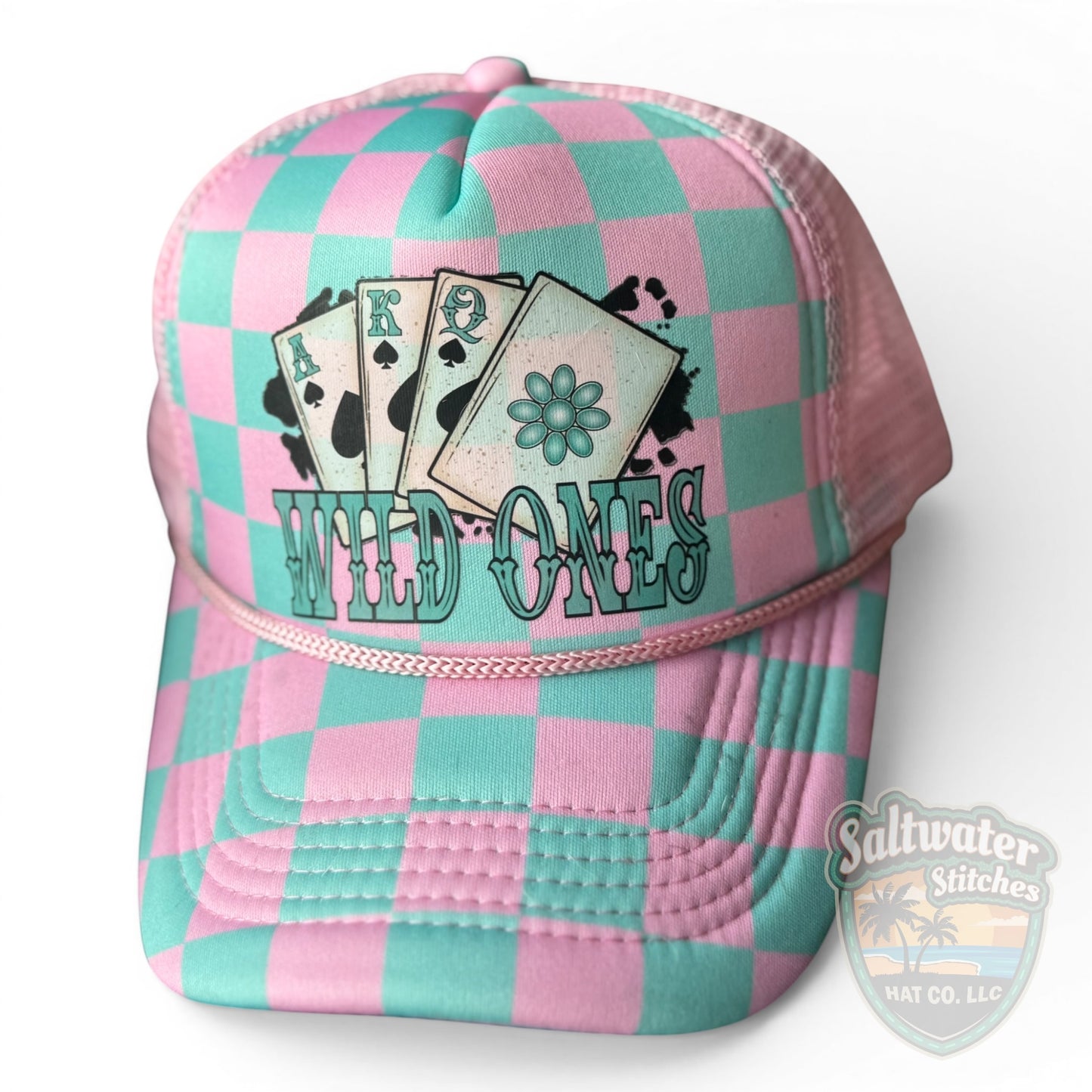 Wild Ones Pink & Mint Checkered Trucker Hat – Western Playing Card Foam Hat