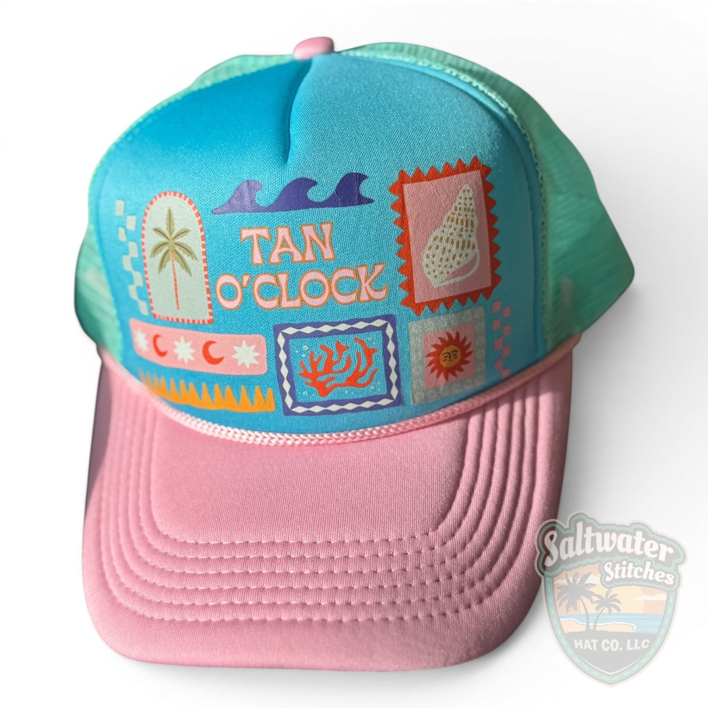 Tan O’Clock Beach Trucker Hat – Retro Summer Foam Hat in Aqua & Pink