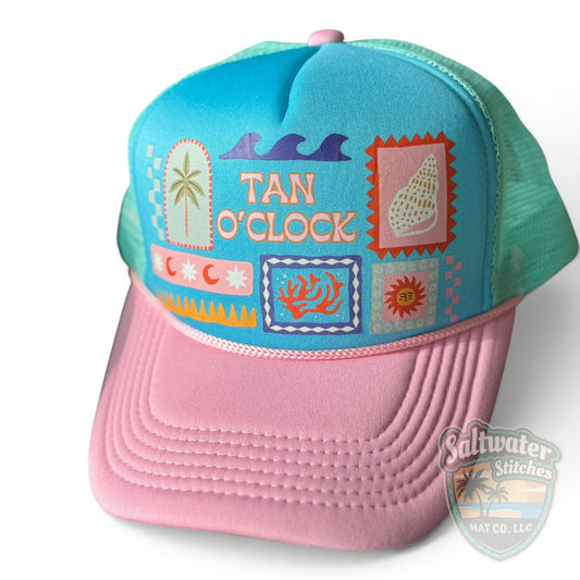 Tan O’Clock Beach Trucker Hat – Retro Summer Foam Hat in Aqua & Pink