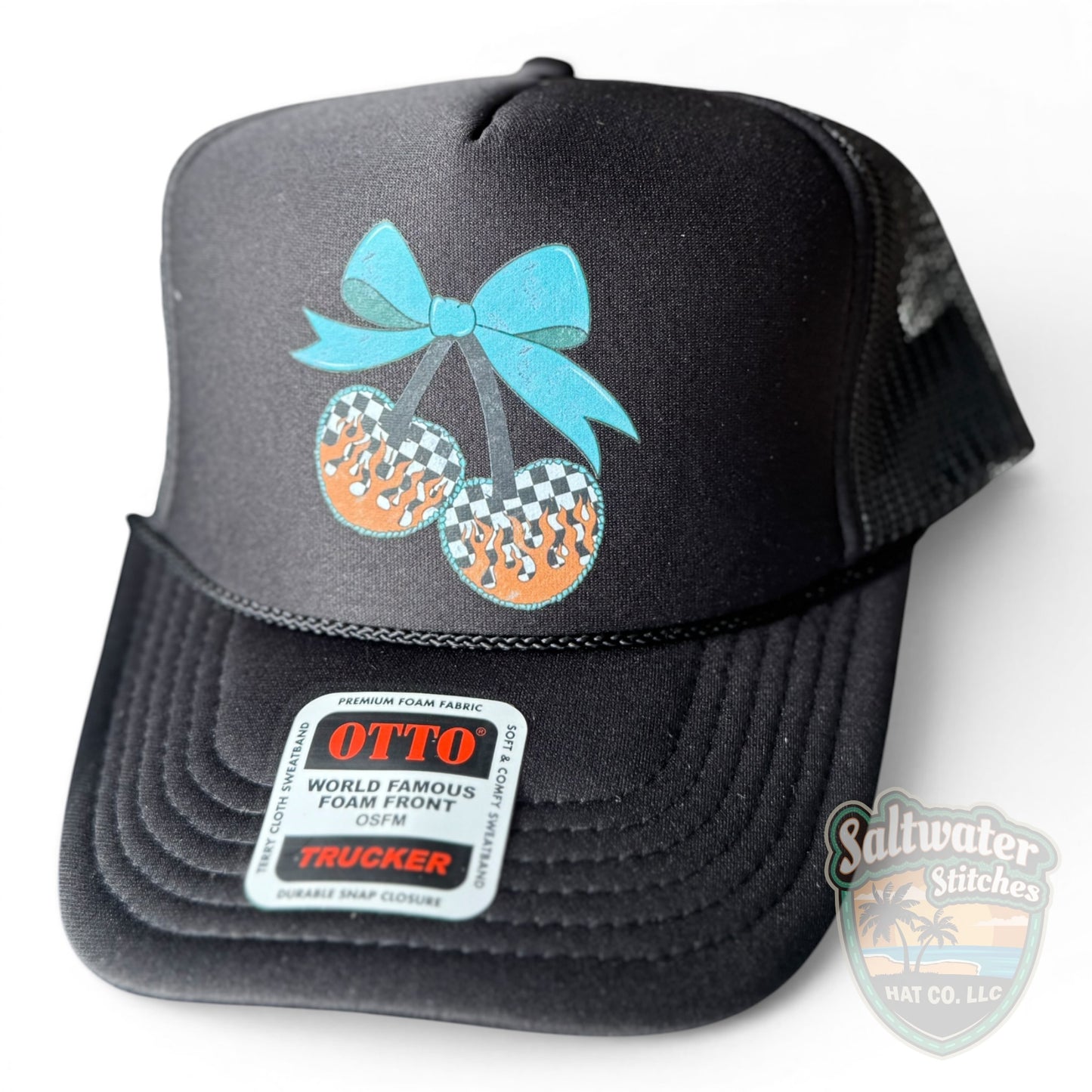 Checkered Flame Cherry Trucker Hat – Retro Black Foam Hat with Blue Bow