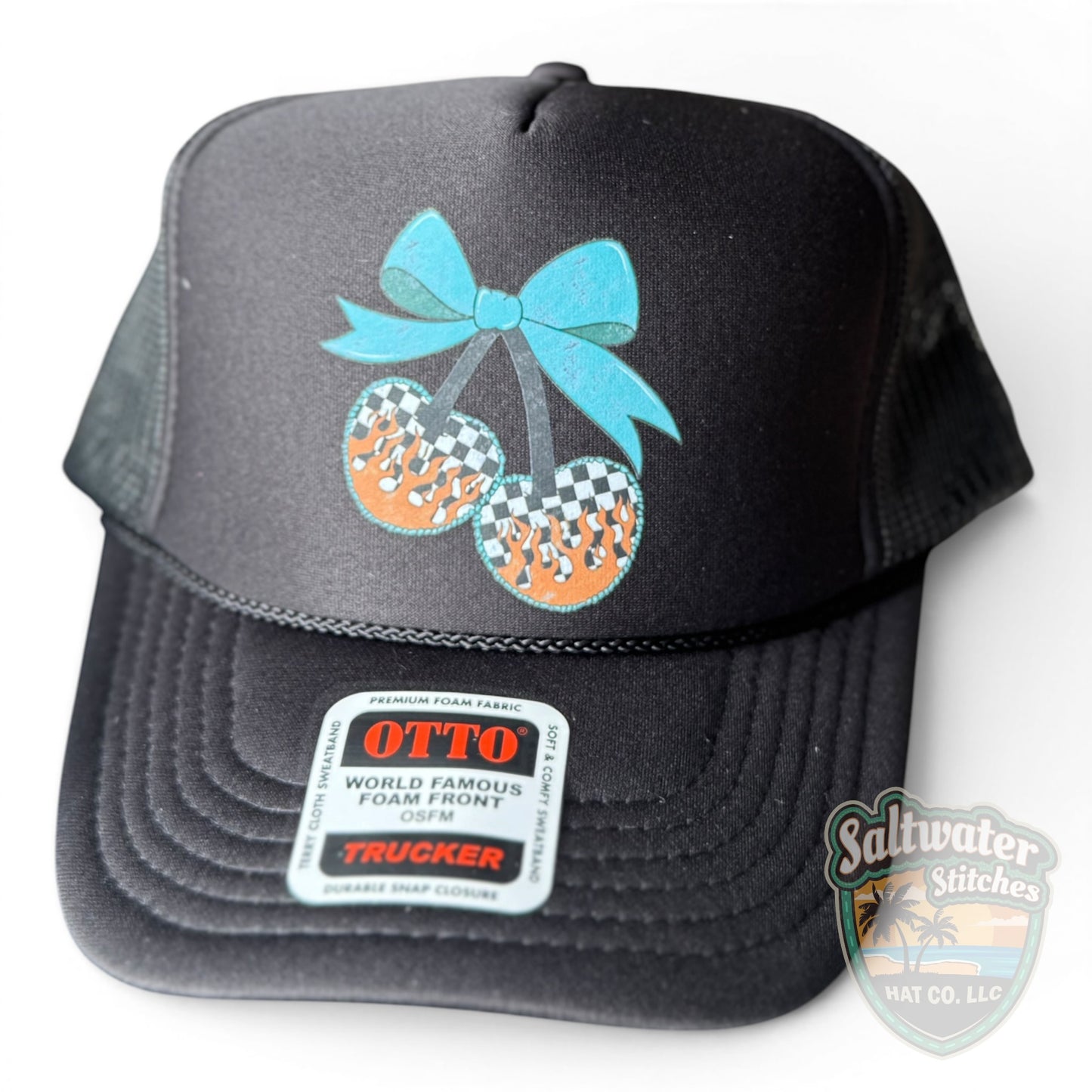 Checkered Flame Cherry Trucker Hat – Retro Black Foam Hat with Blue Bow