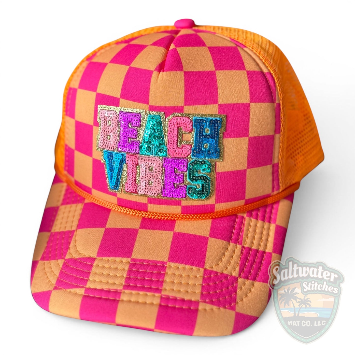 Beach Vibes Sequin Trucker Hat – Pink & Orange Checkered Foam Hat