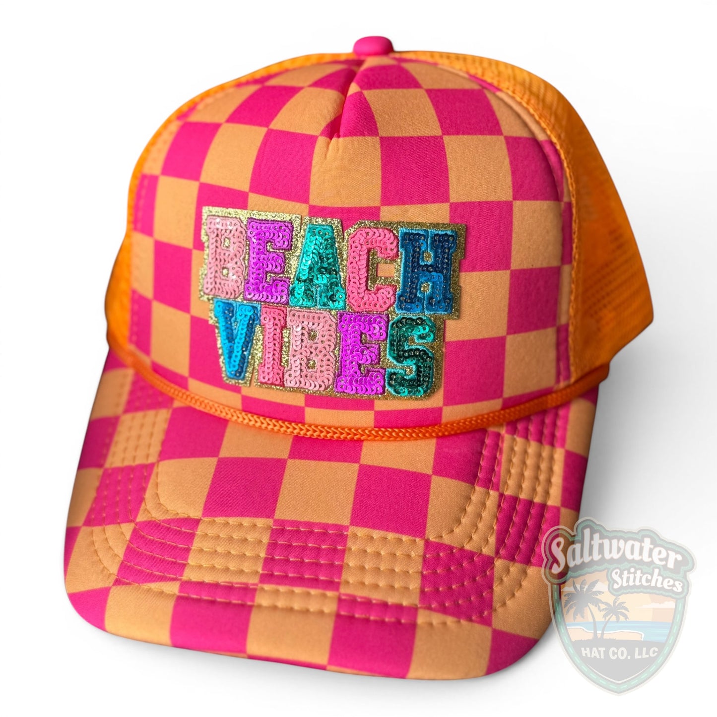 Beach Vibes Sequin Trucker Hat – Pink & Orange Checkered Foam Hat