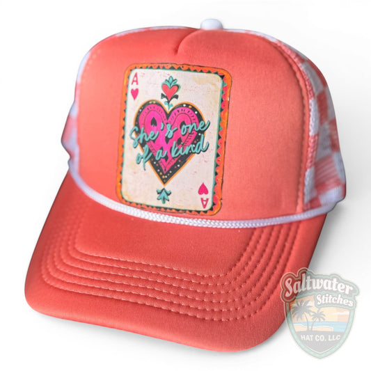 She’s One of a Kind Trucker Hat – Coral Western Playing Card Foam Hat