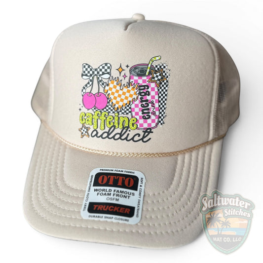 Caffeine Addict Trucker Hat – Neutral Checkered Energy Drink Foam Hat